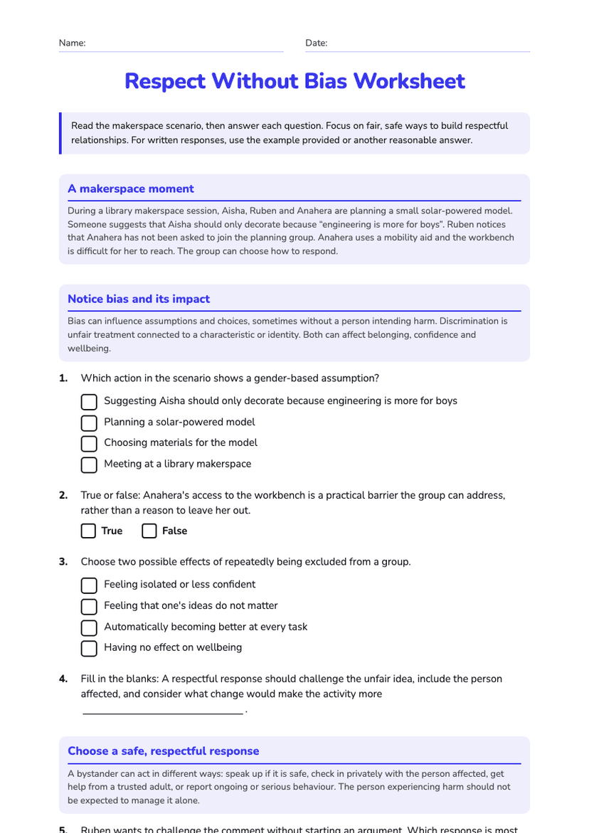 Respect Without Bias Worksheet