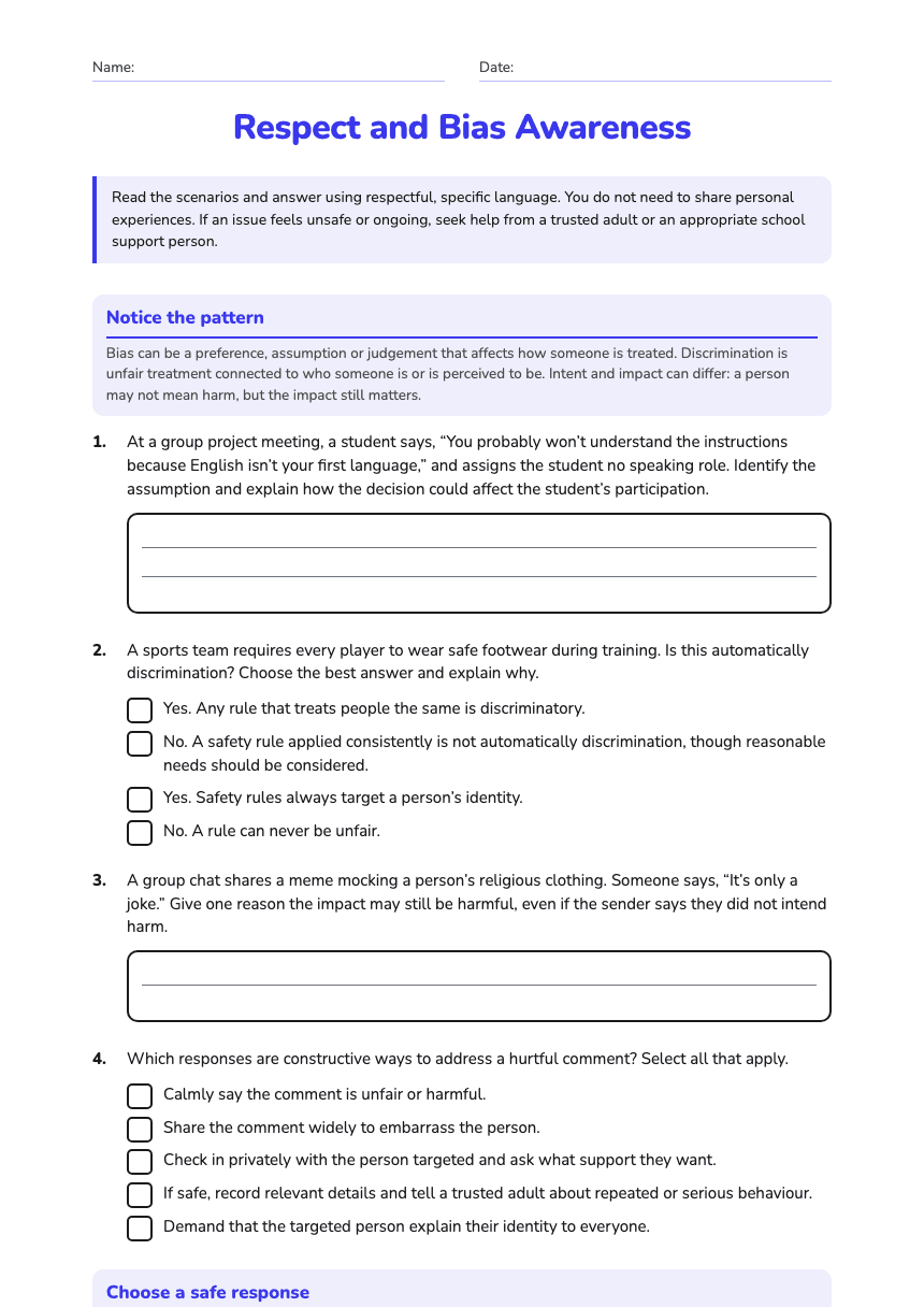 Respect and Bias Awareness worksheet preview