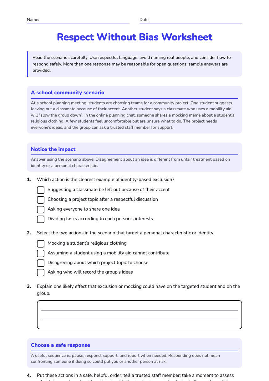 Respect Without Bias Worksheet worksheet preview