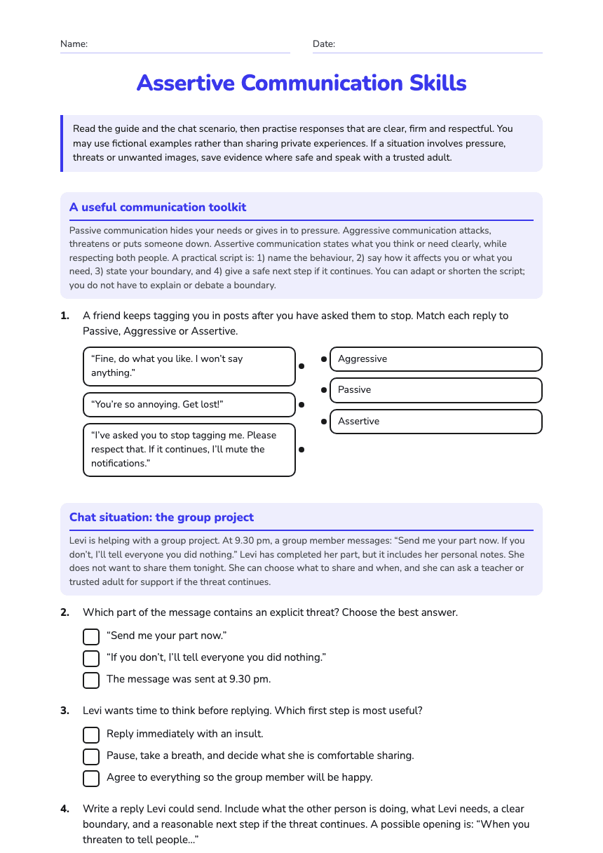 Assertive Communication Skills worksheet preview
