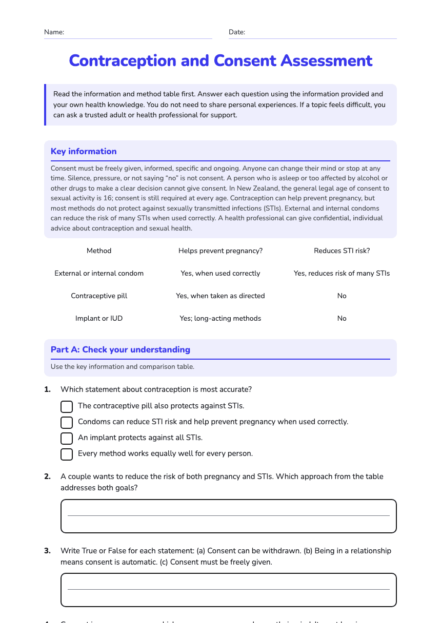 Contraception and Consent Assessment worksheet preview