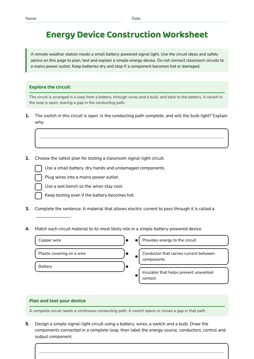 Energy Device Construction Worksheet worksheet preview