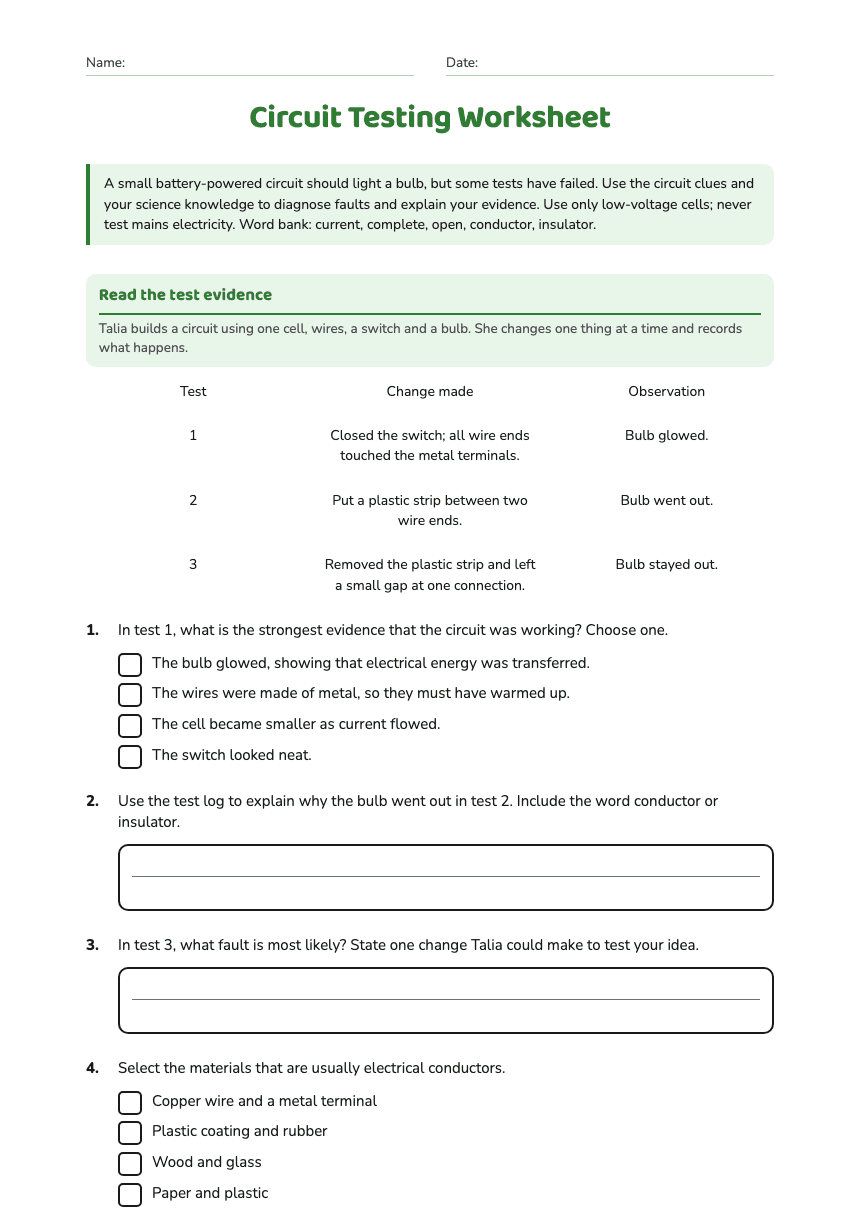 Circuit Testing Worksheet worksheet preview
