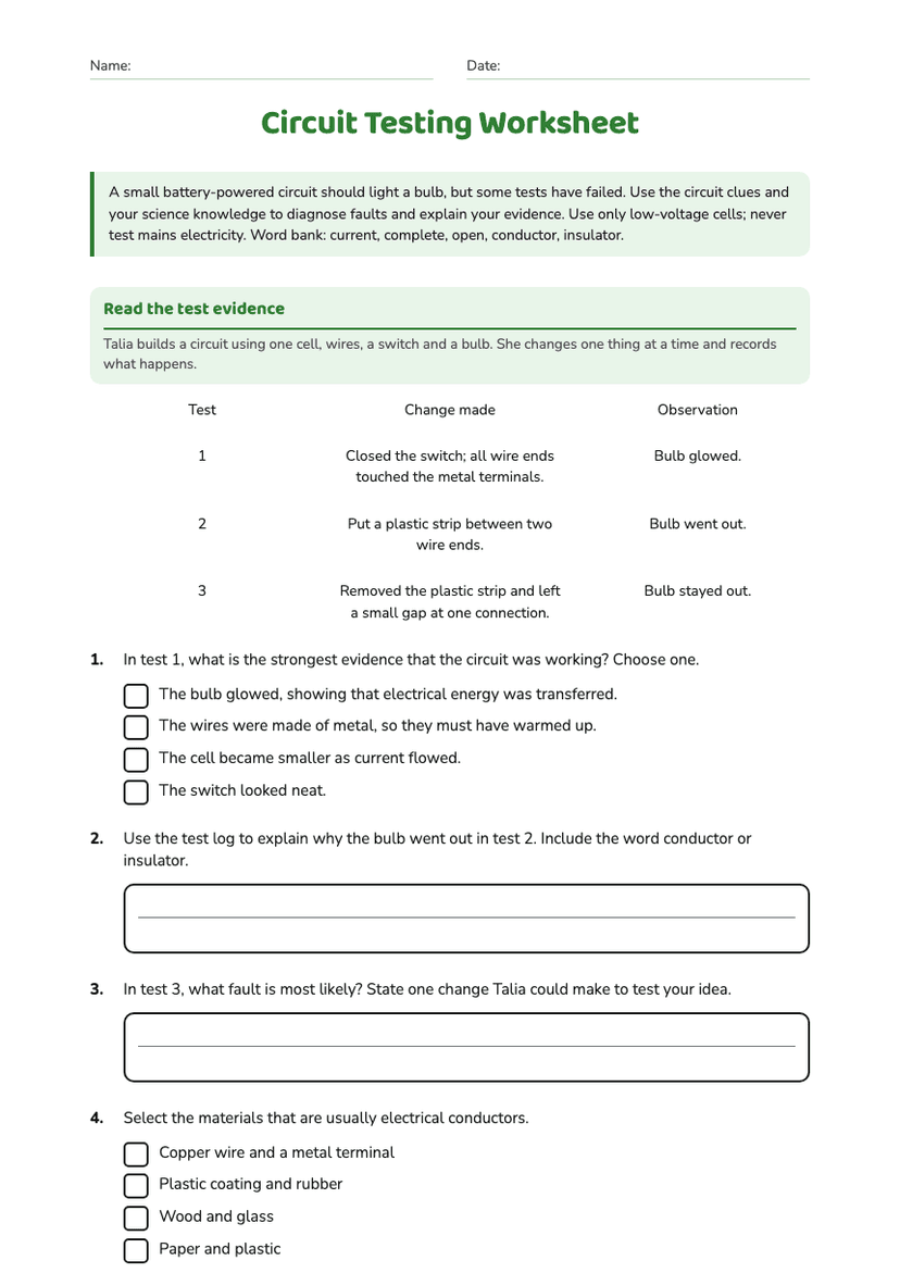 Circuit Testing Worksheet