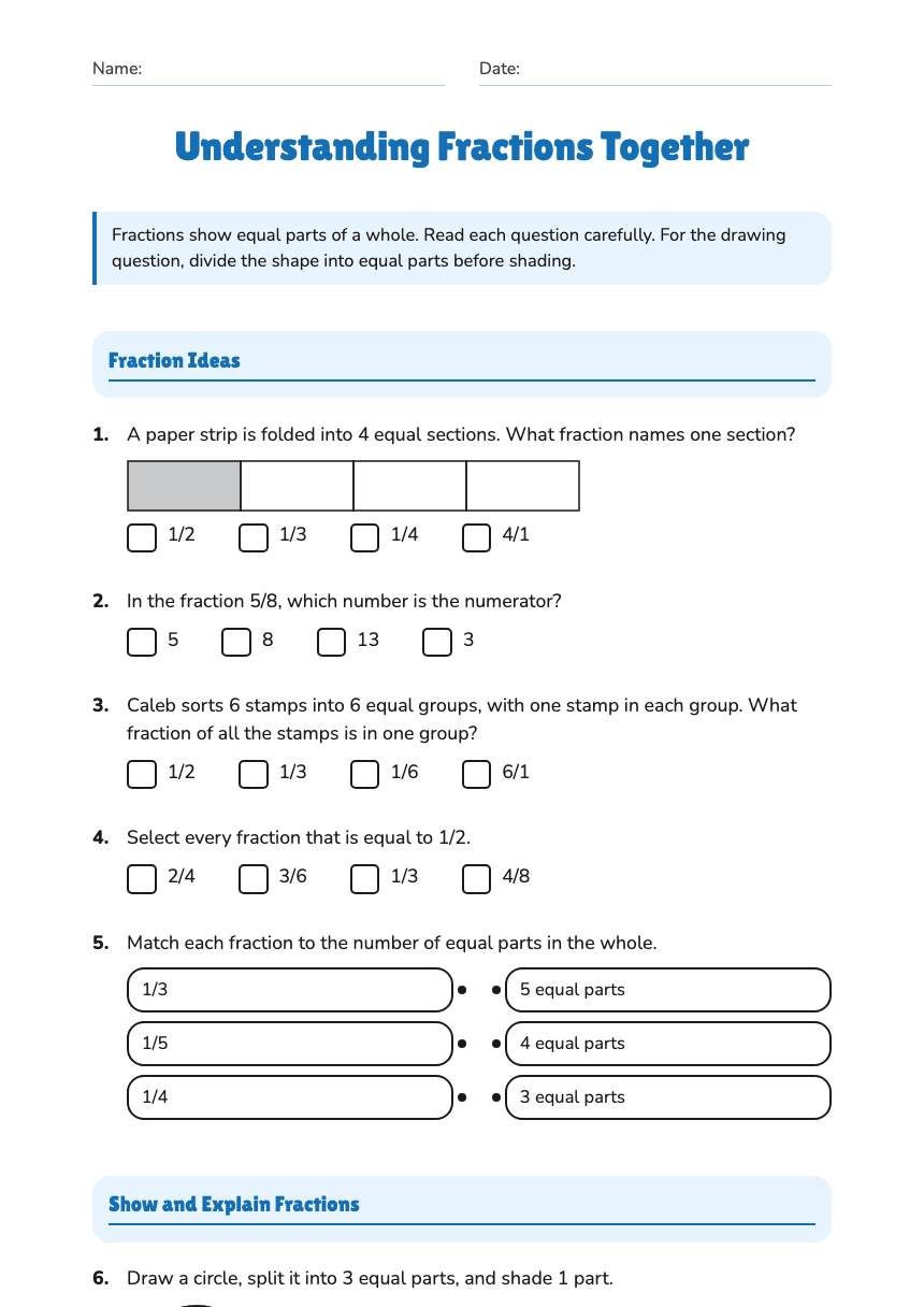 Understanding Fractions Together worksheet preview