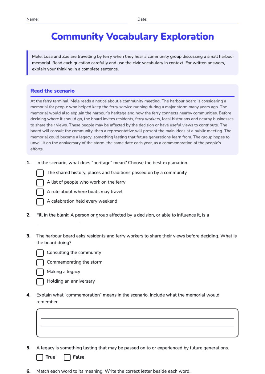 Community Vocabulary Exploration worksheet preview