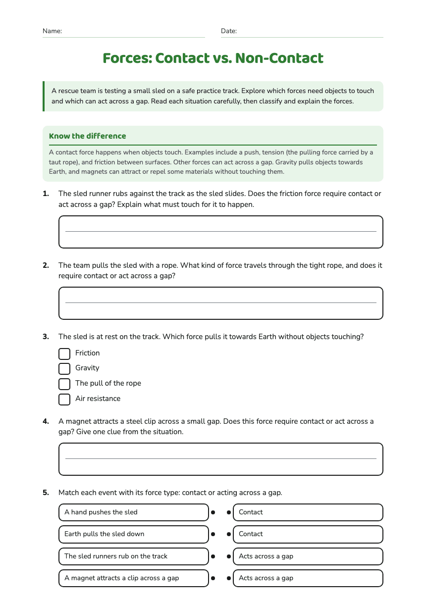 Forces: Contact vs. Non-Contact worksheet preview