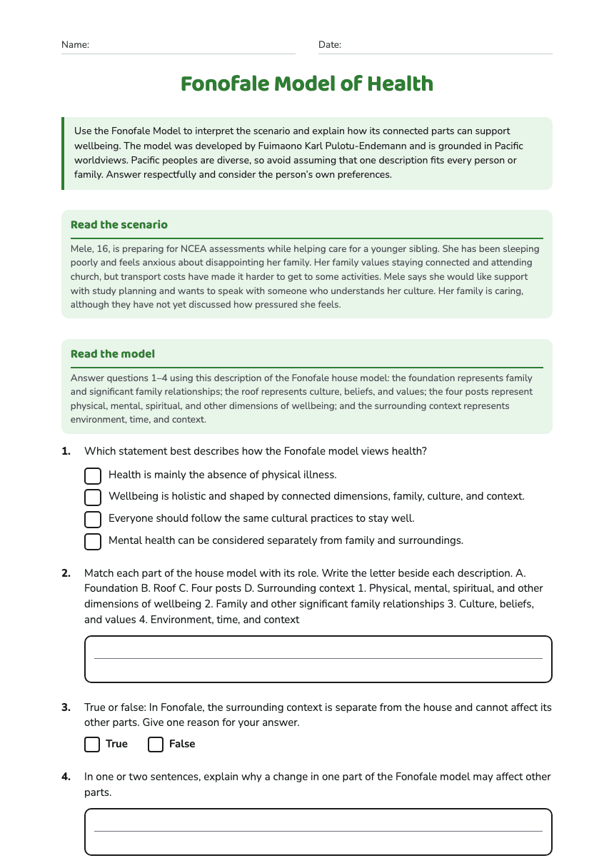Fonofale Model of Health worksheet preview