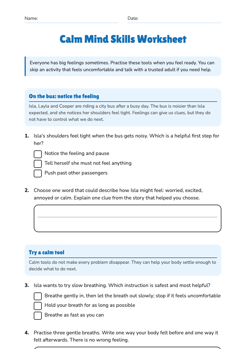 Calm Mind Skills Worksheet worksheet preview