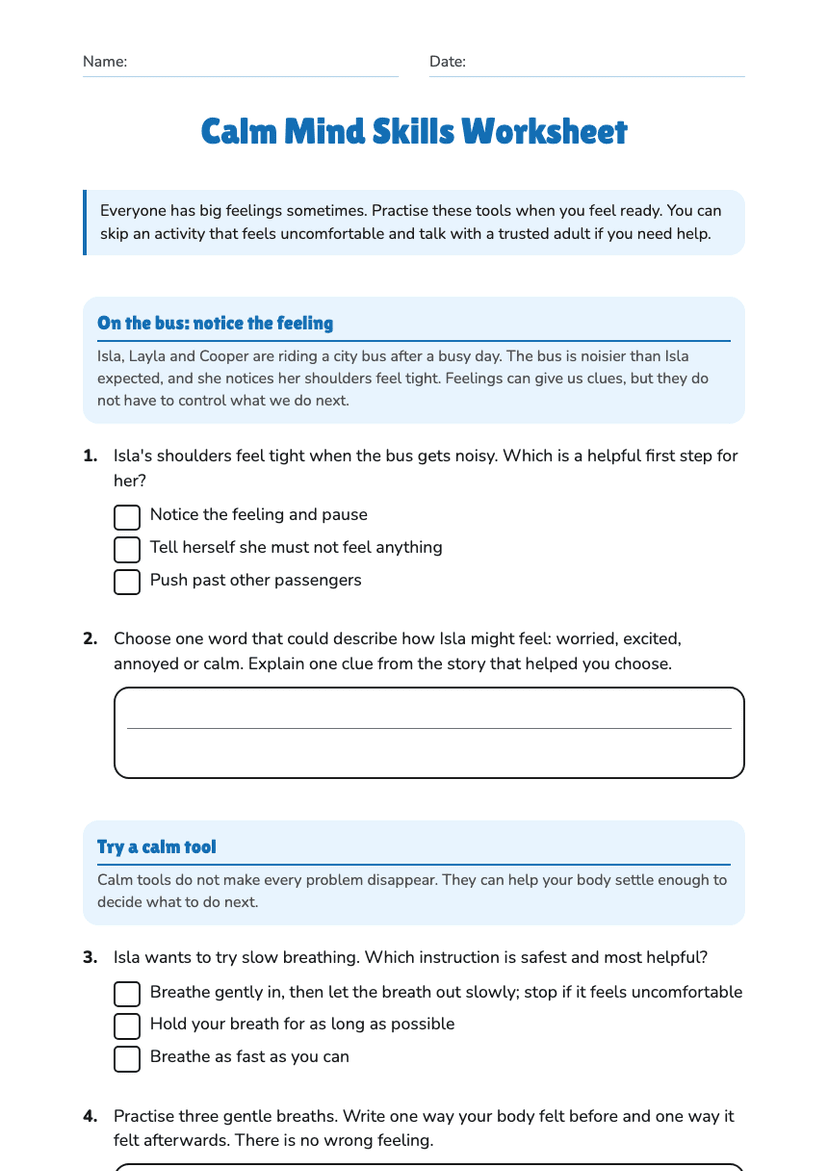 Calm Mind Skills Worksheet