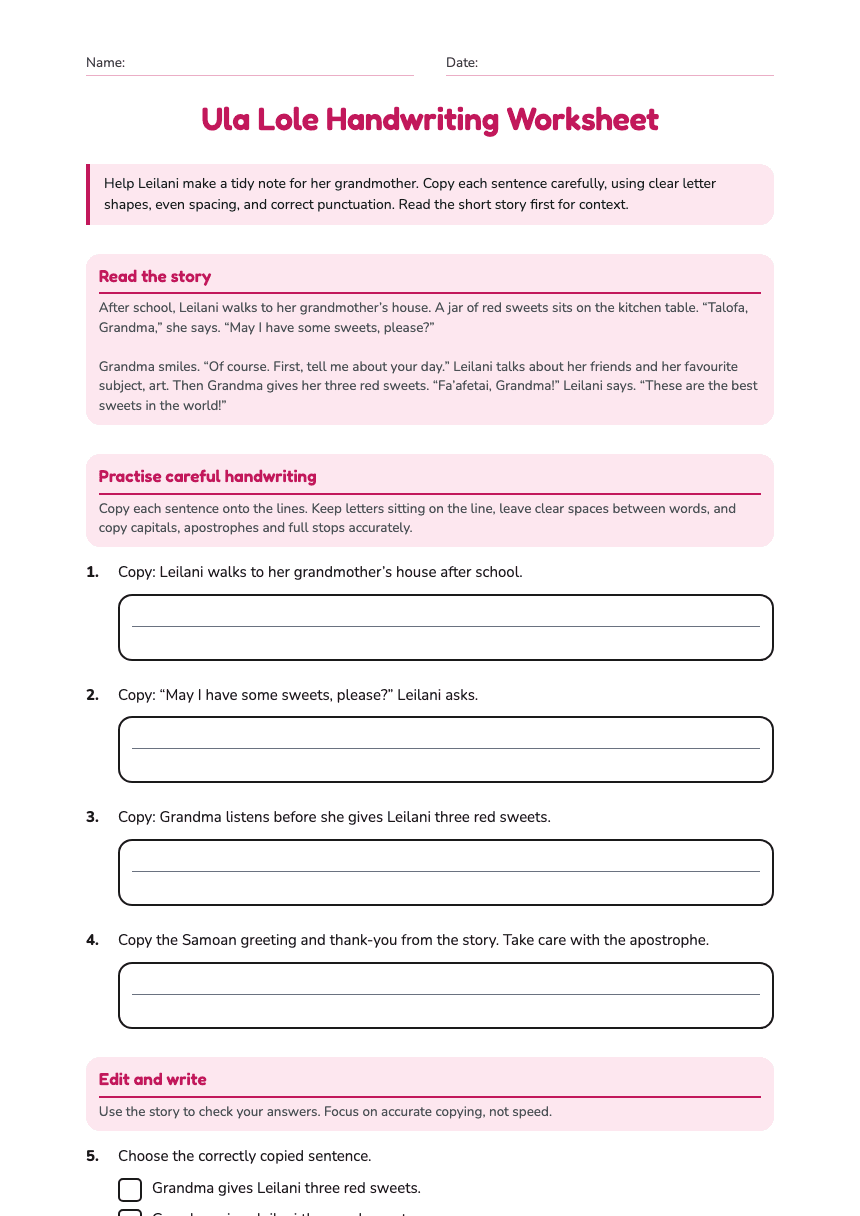 Ula Lole Handwriting Worksheet worksheet preview