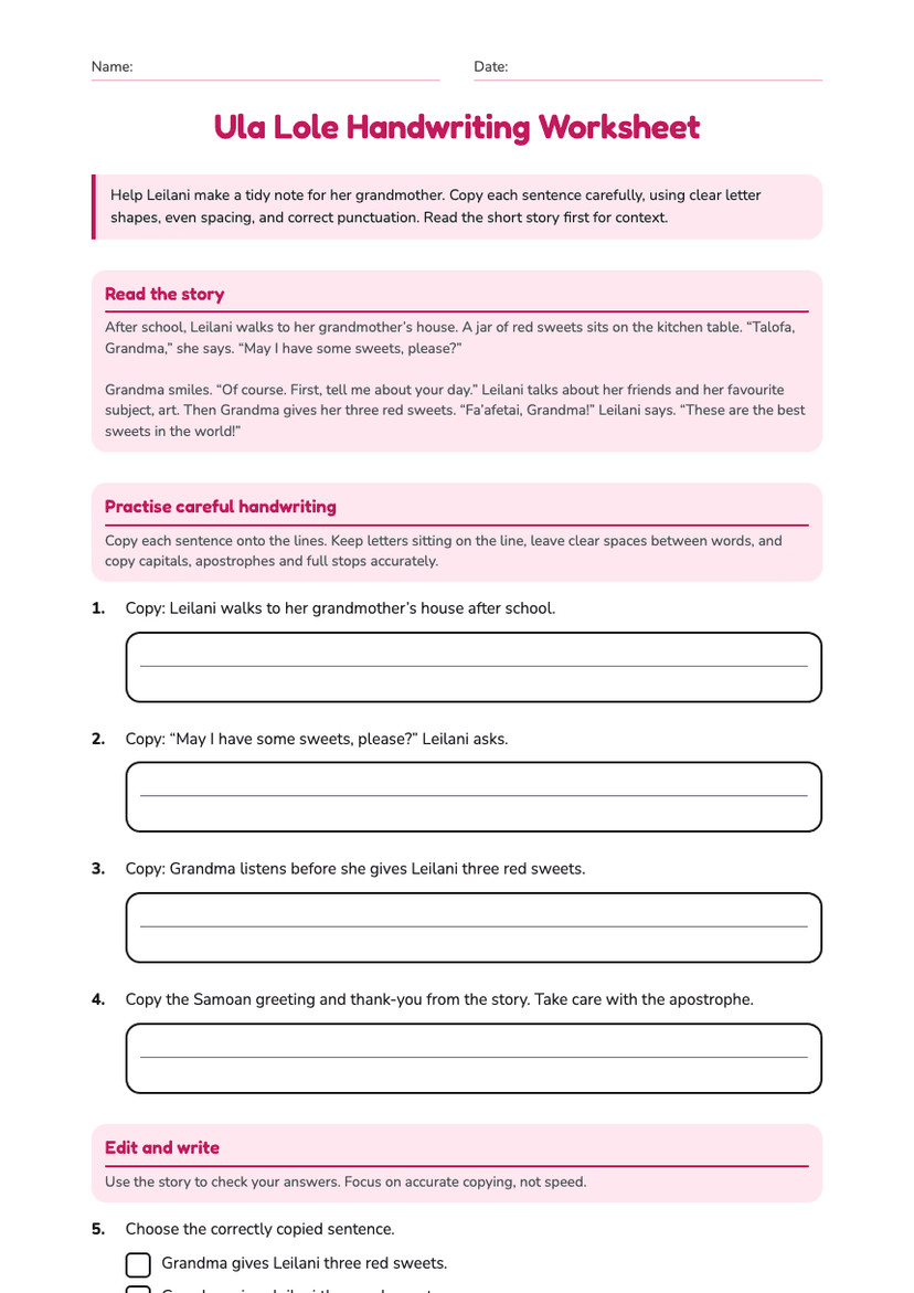Ula Lole Handwriting Worksheet