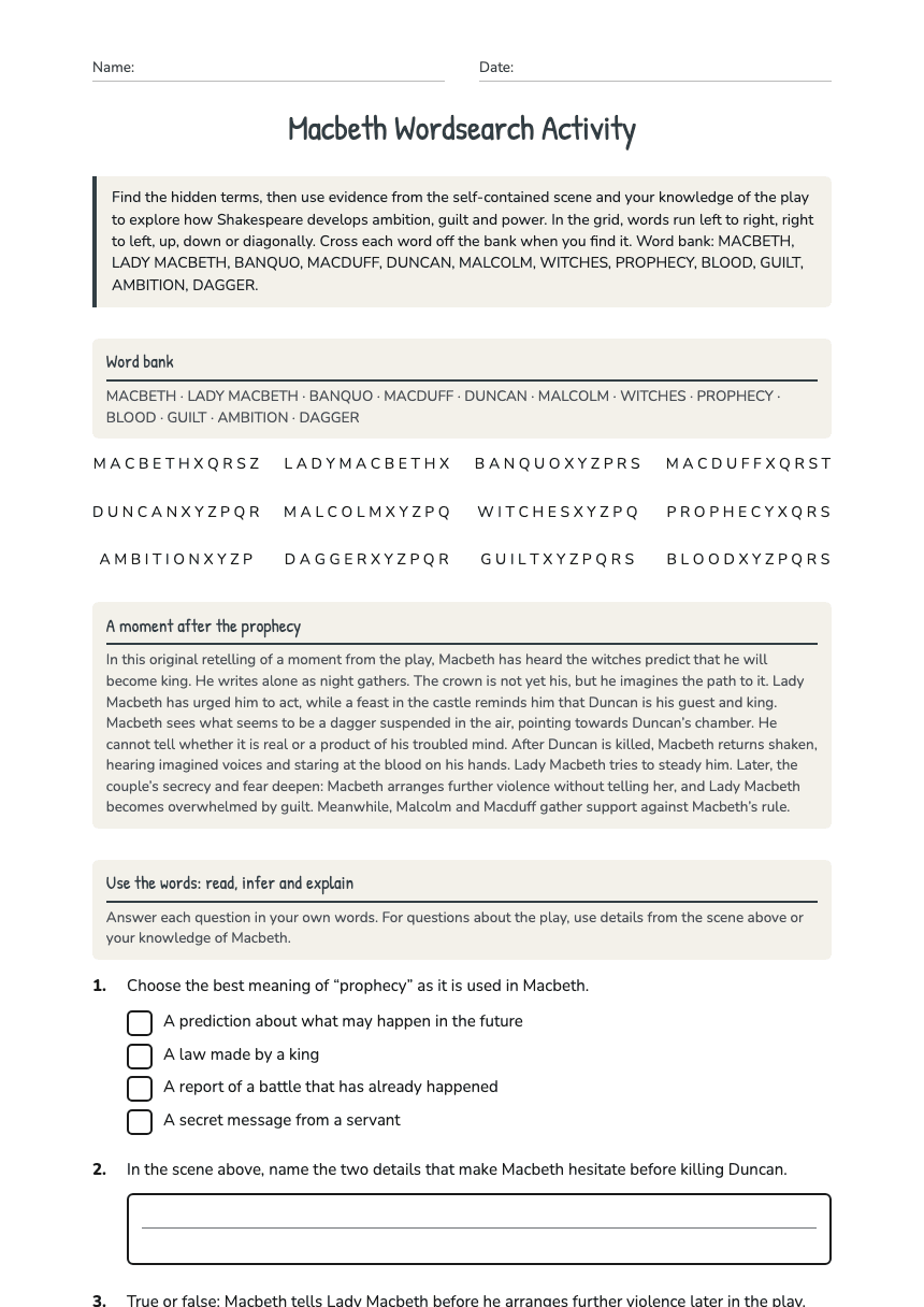 Macbeth Wordsearch Activity worksheet preview