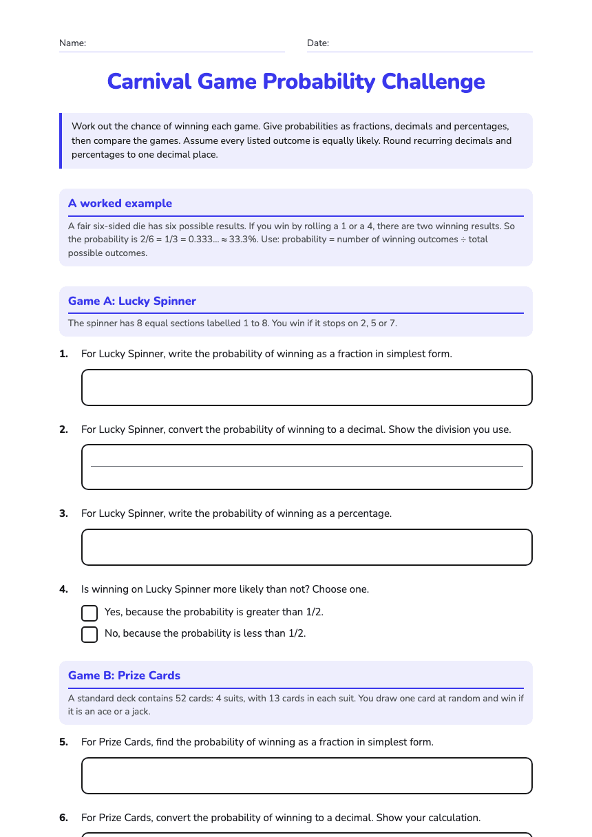 Carnival Game Probability Challenge worksheet preview