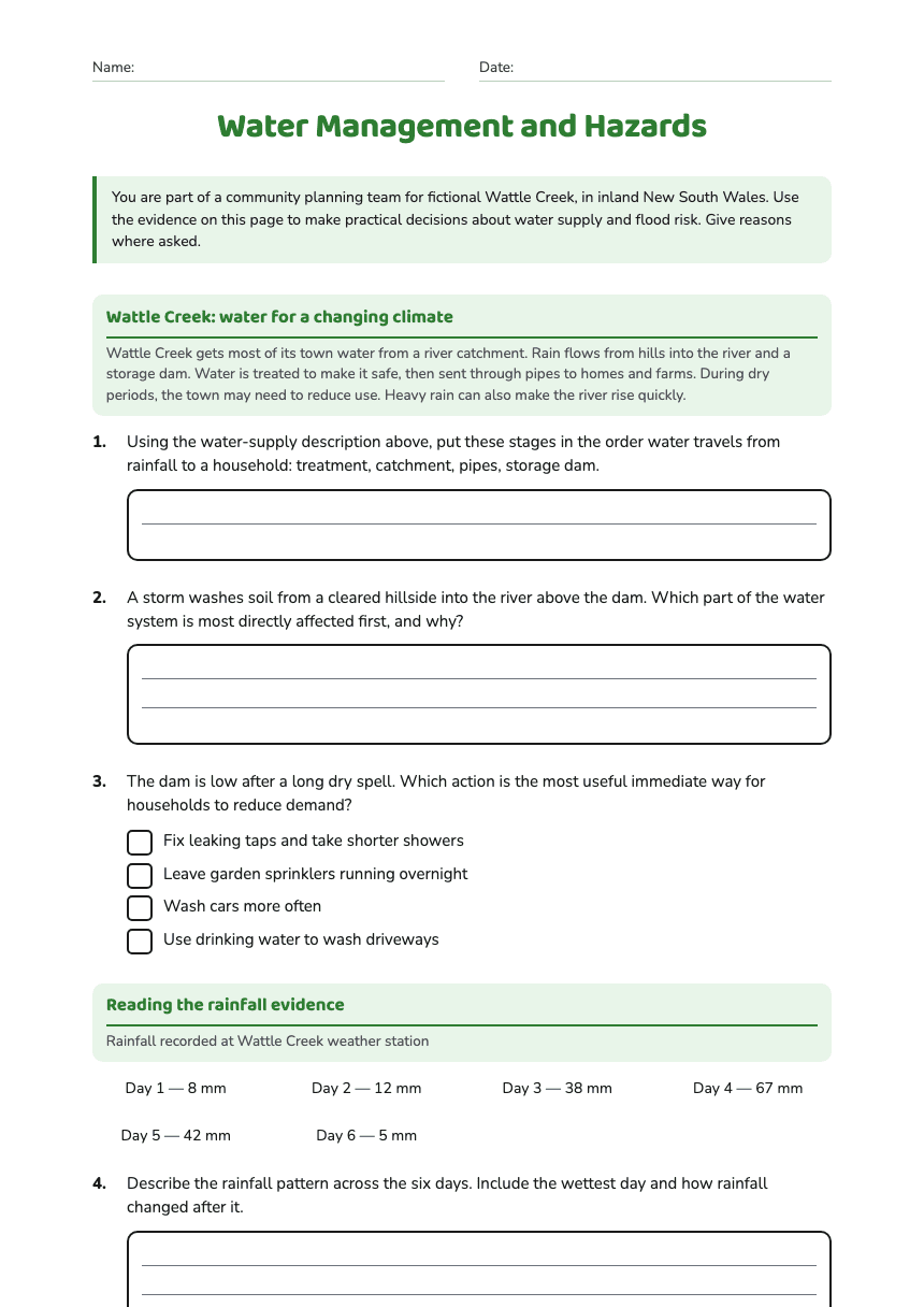 Water Management and Hazards worksheet preview