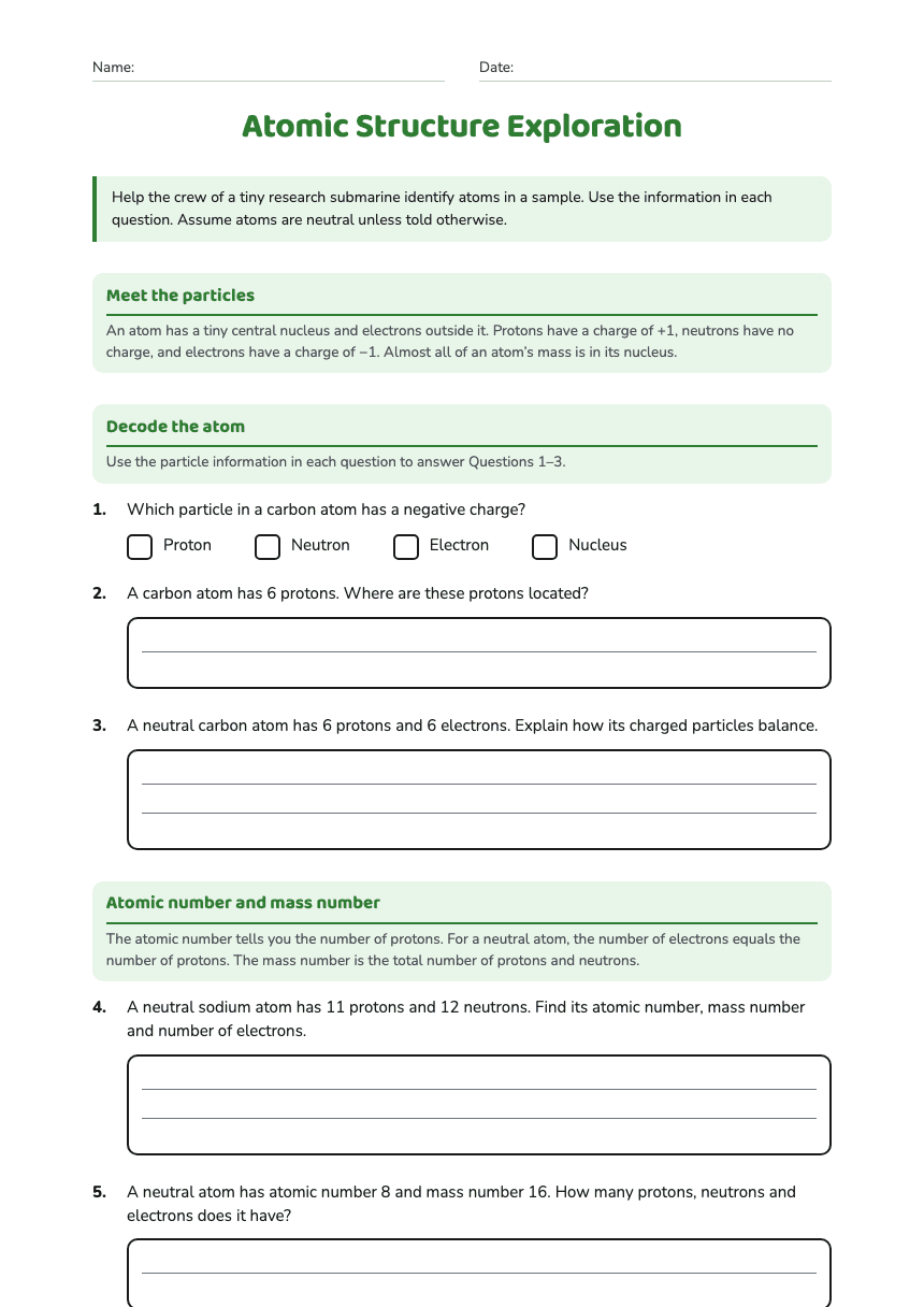 Atomic Structure Exploration worksheet preview