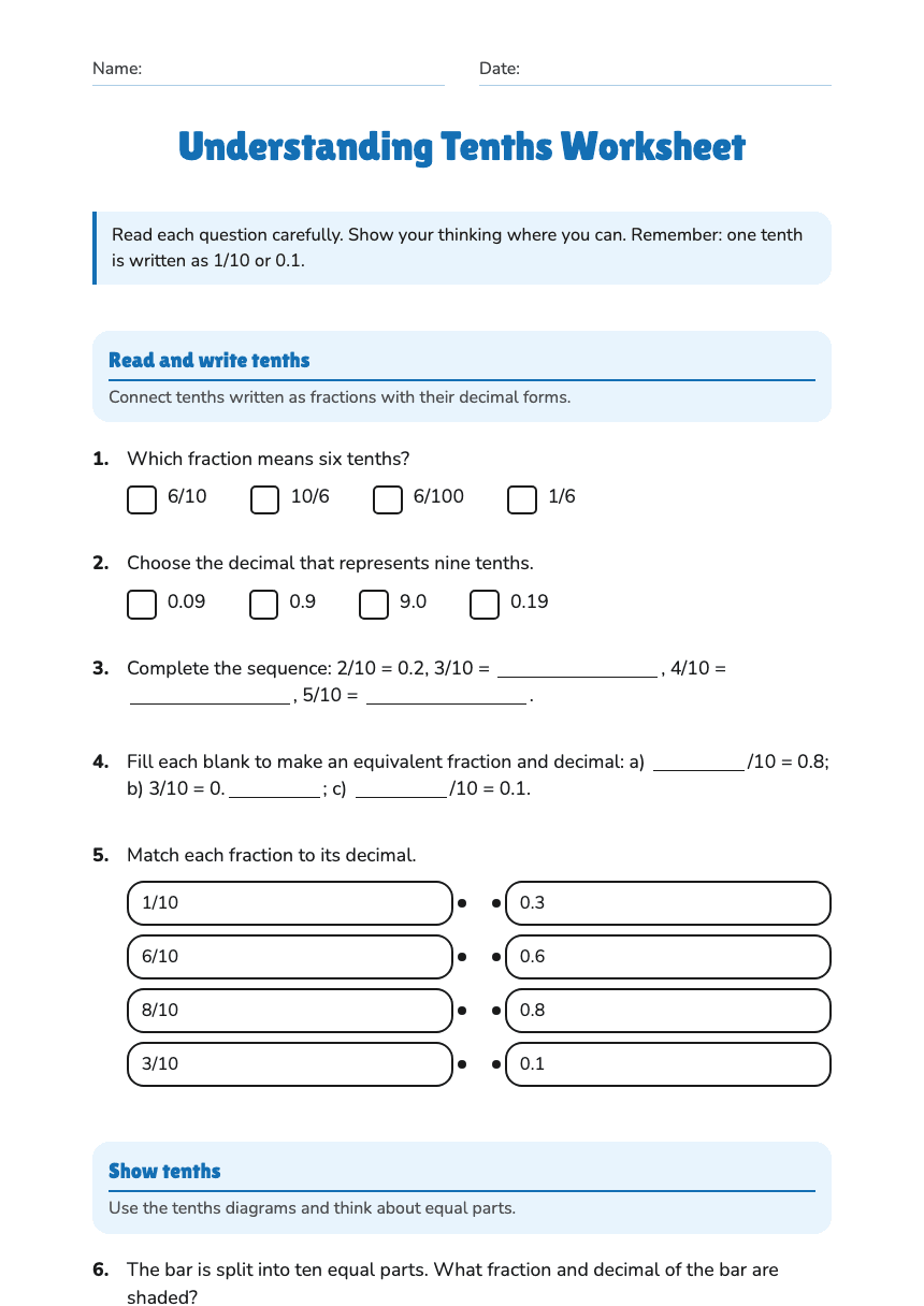Understanding Tenths Worksheet worksheet preview