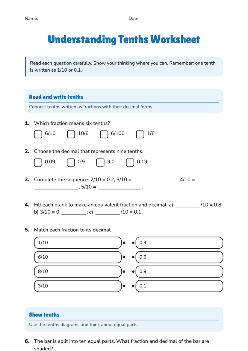 Understanding Tenths Worksheet