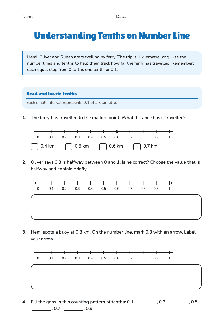 Understanding Tenths on Number Line worksheet preview