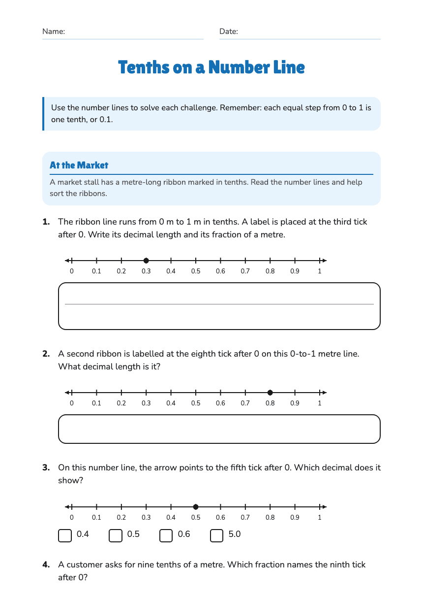 Tenths on a Number Line worksheet preview