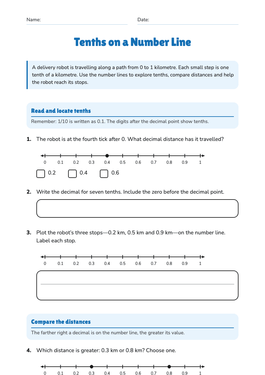 Tenths on a Number Line worksheet preview