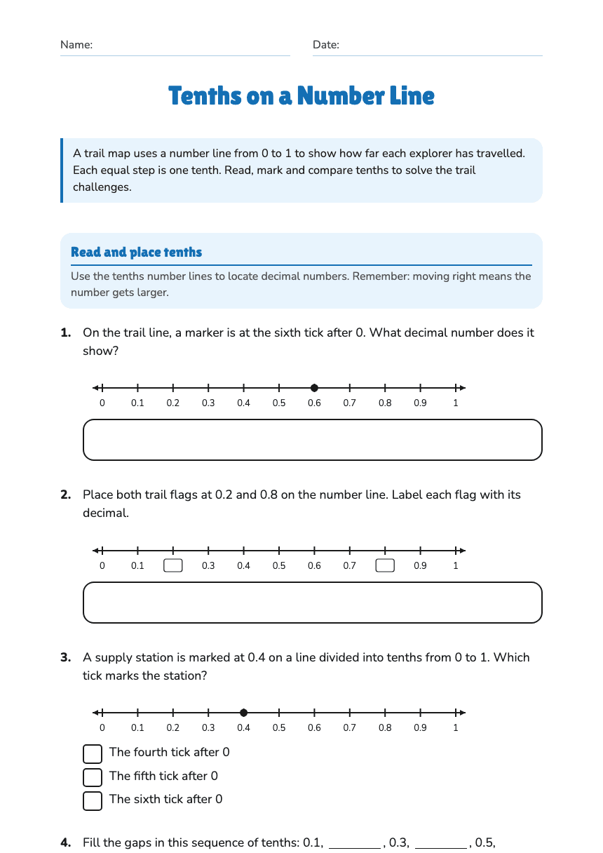 Tenths on a Number Line worksheet preview
