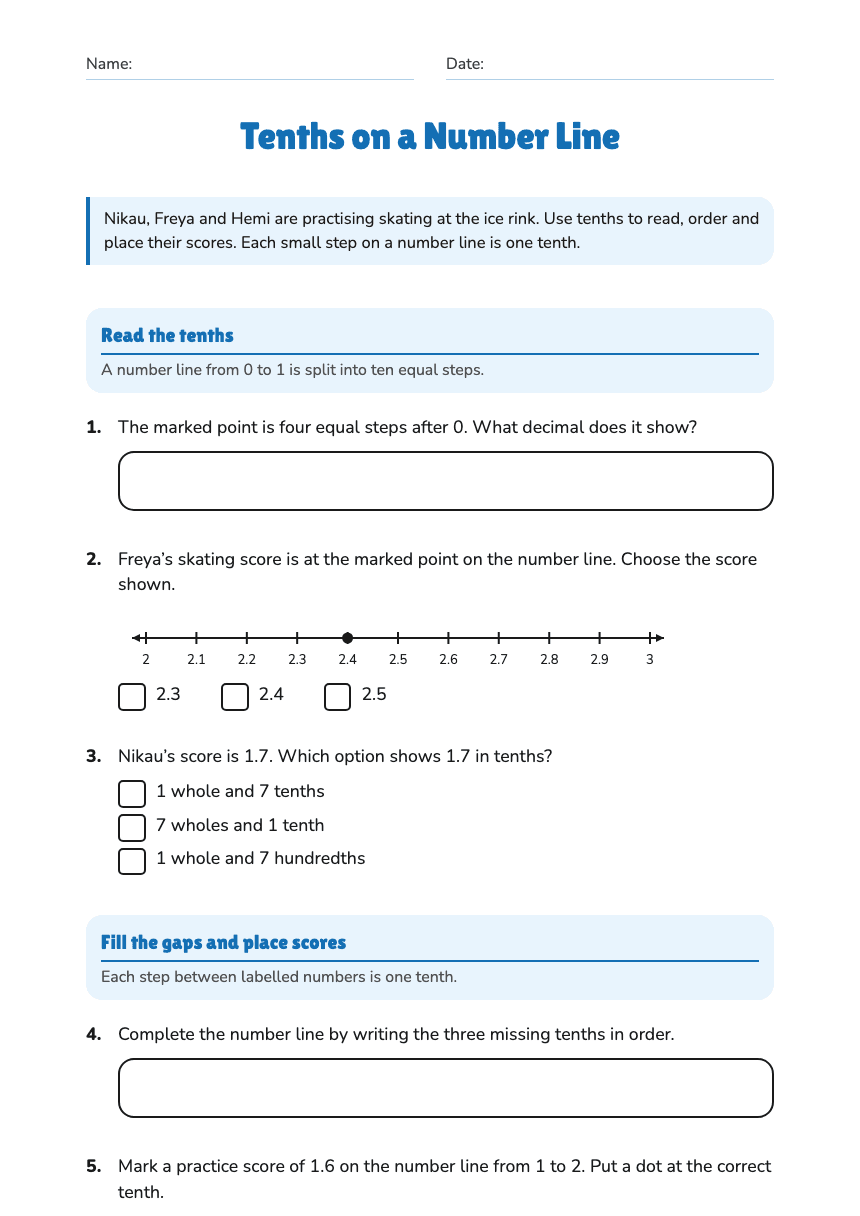 Tenths on a Number Line worksheet preview