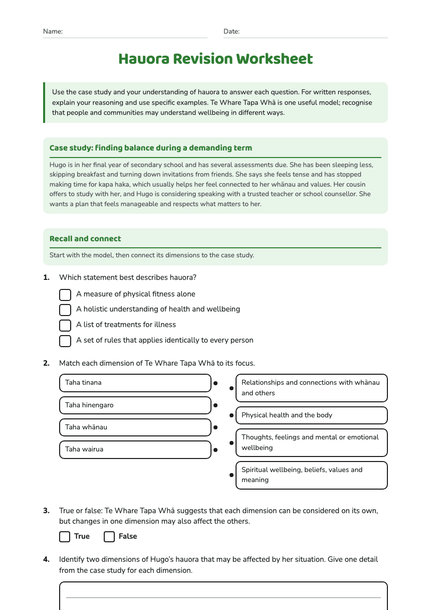 Hauora Revision Worksheet worksheet preview