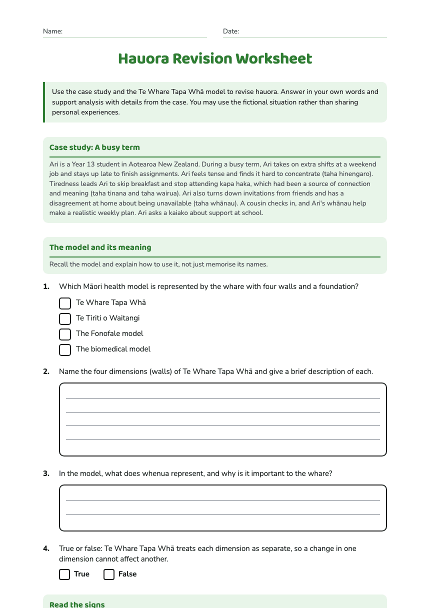 Hauora Revision Worksheet worksheet preview