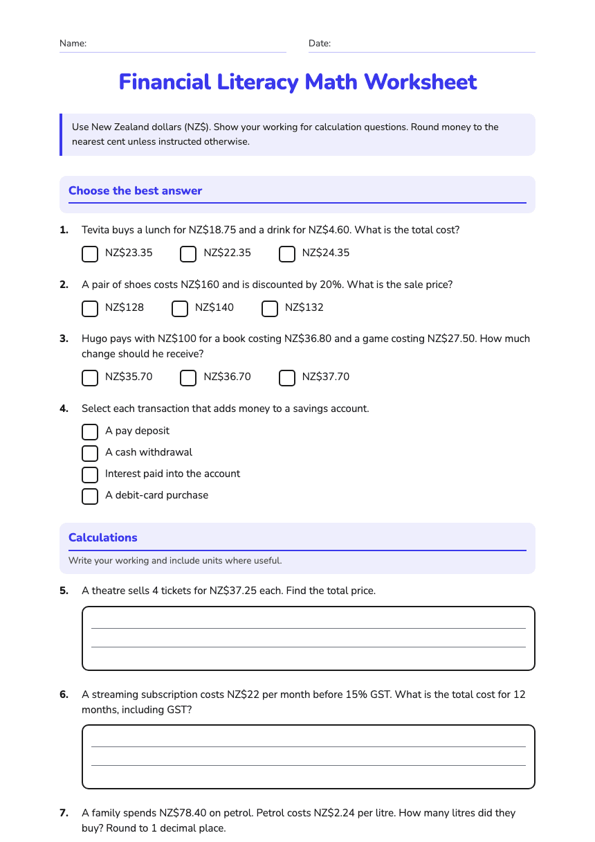 Financial Literacy Math Worksheet worksheet preview