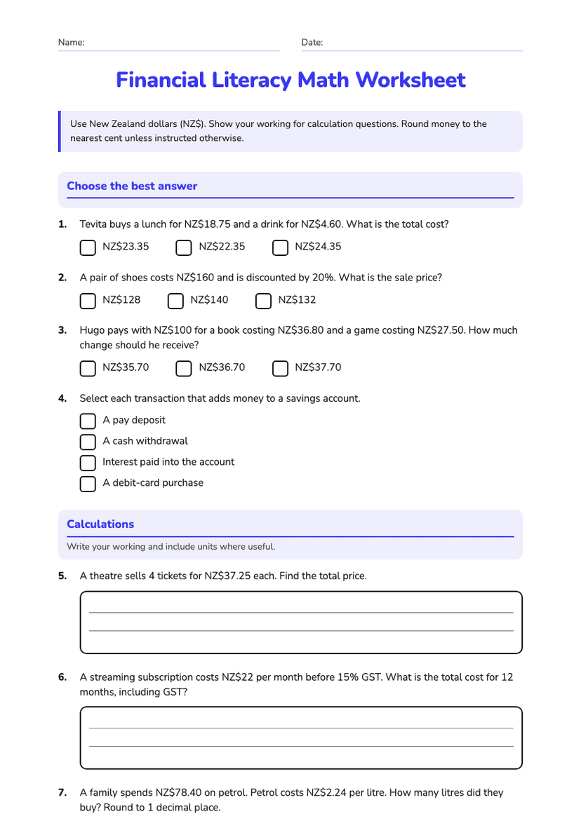 Financial Literacy Math Worksheet