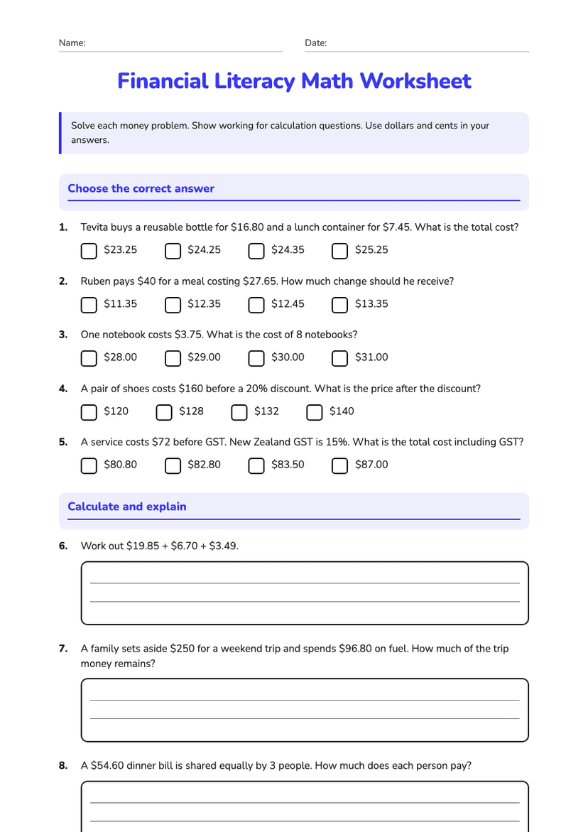 Financial Literacy Math Worksheet