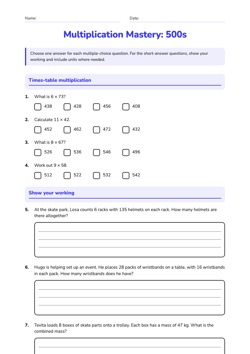 Multiplication Mastery: 500s worksheet preview