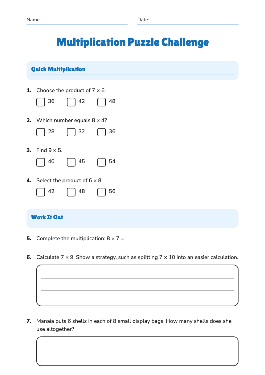 Multiplication Puzzle Challenge worksheet preview