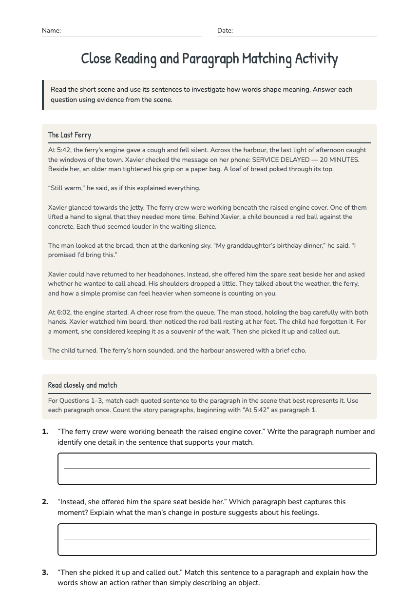Close Reading and Paragraph Matching Activity worksheet preview