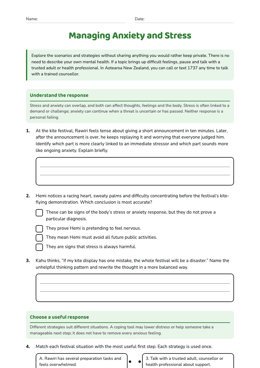 Managing Anxiety and Stress worksheet preview