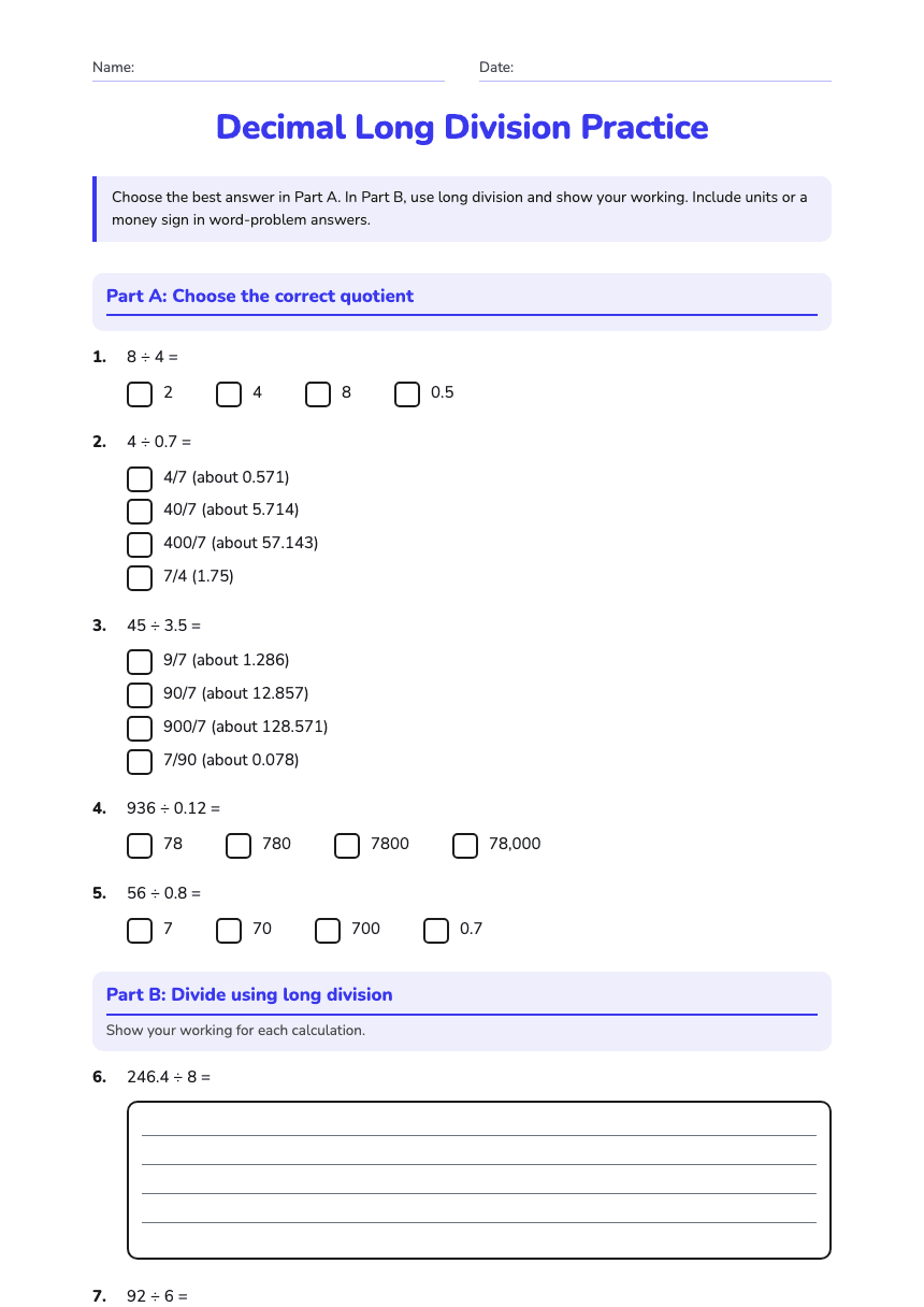 Decimal Long Division Practice worksheet preview