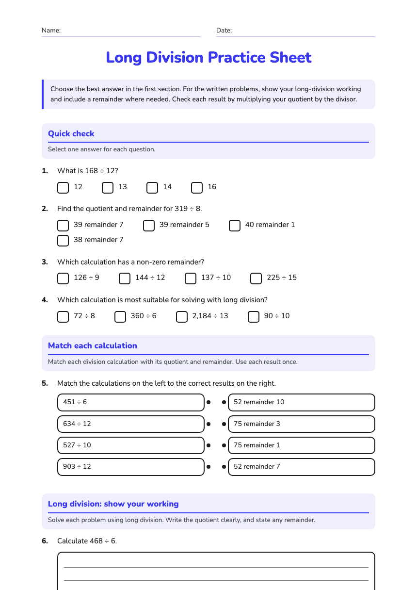 Long Division Practice Sheet worksheet preview