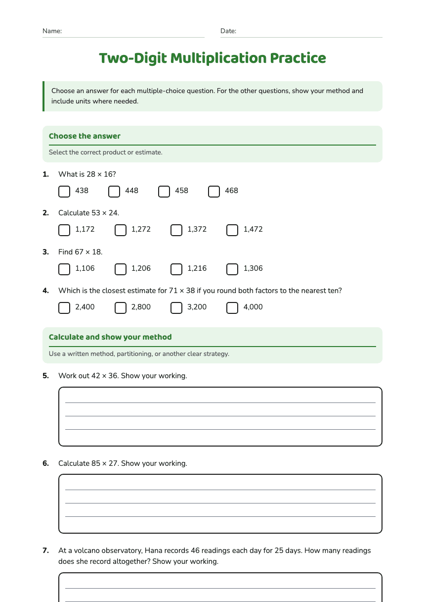 Two-Digit Multiplication Practice worksheet preview