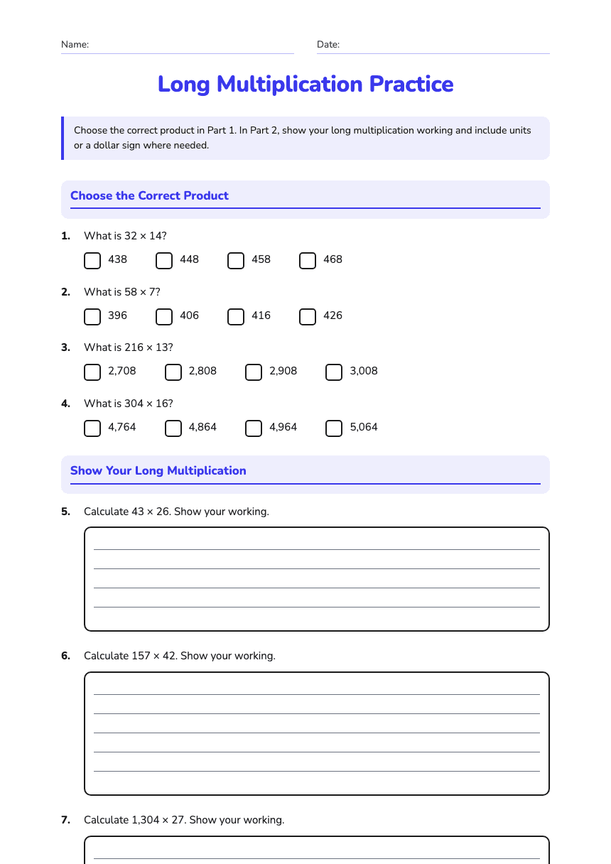 Long Multiplication Practice worksheet preview