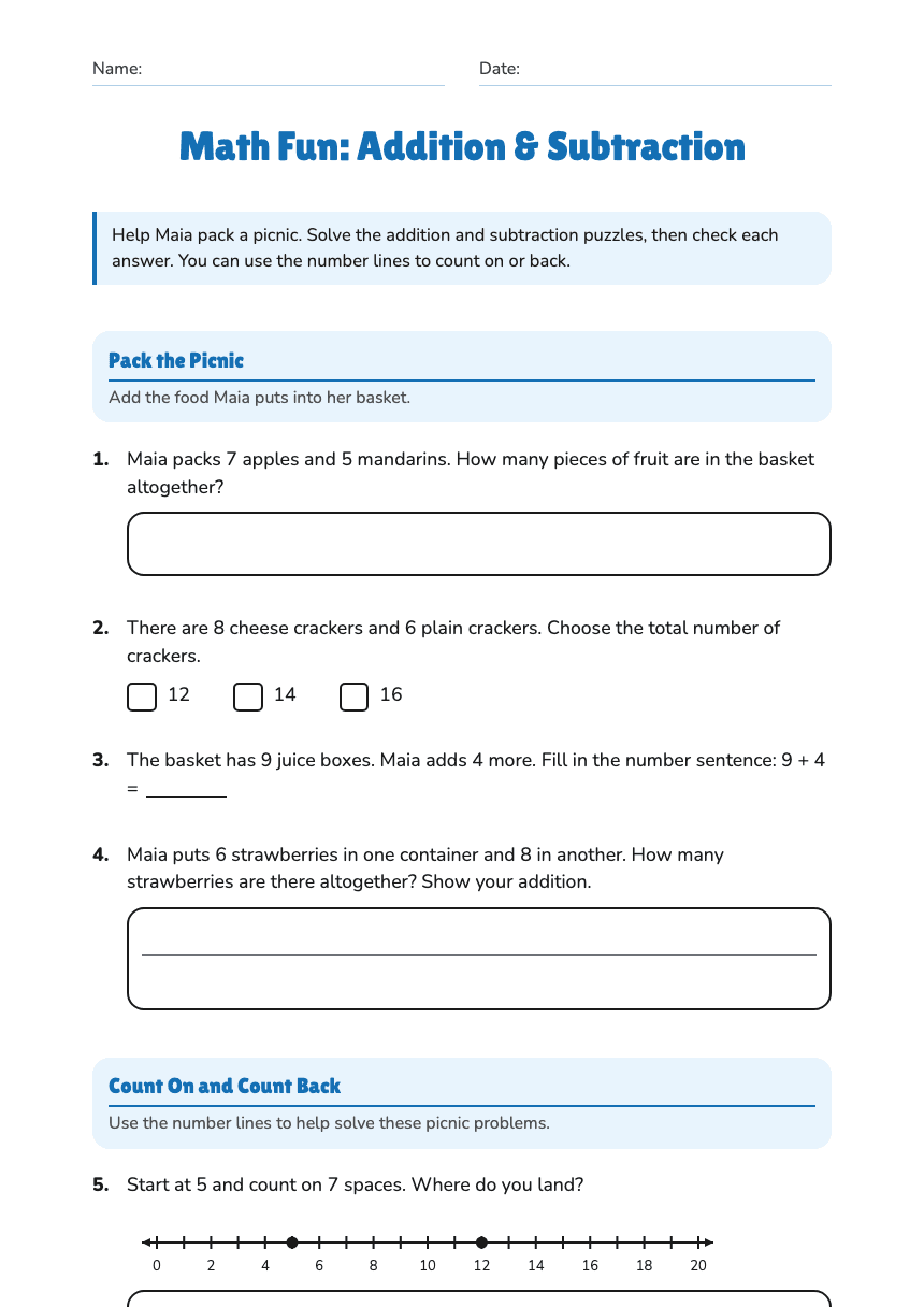 Math Fun: Addition & Subtraction worksheet preview