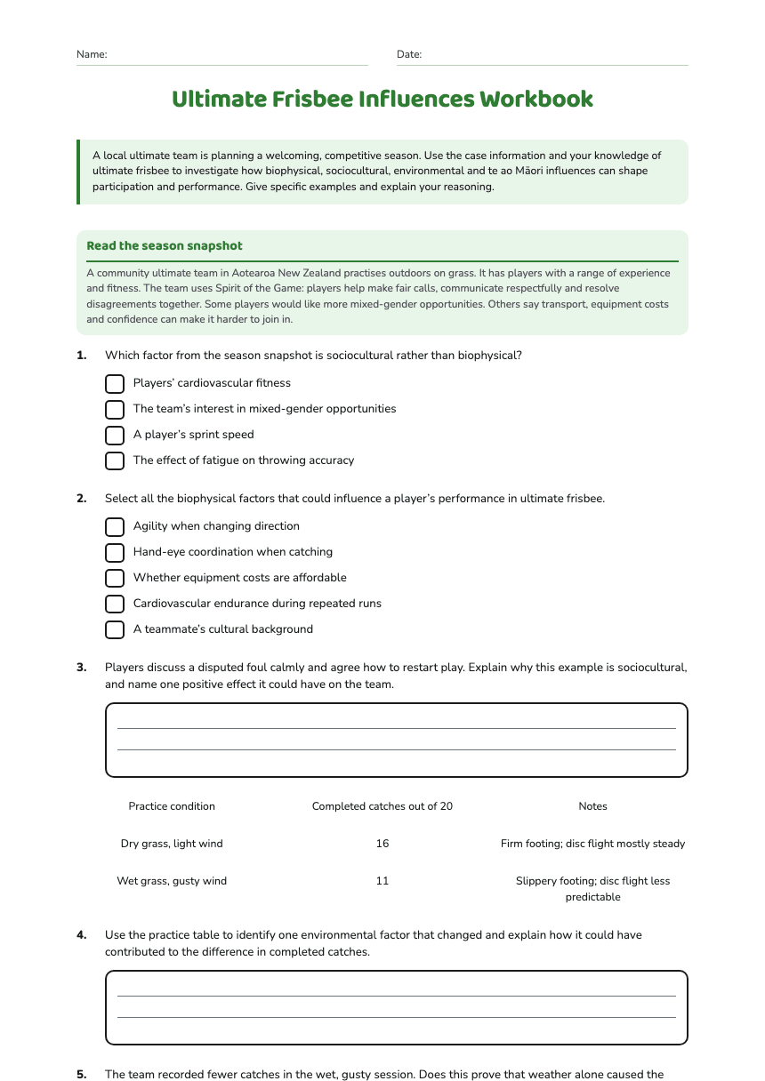 Ultimate Frisbee Influences Workbook worksheet preview