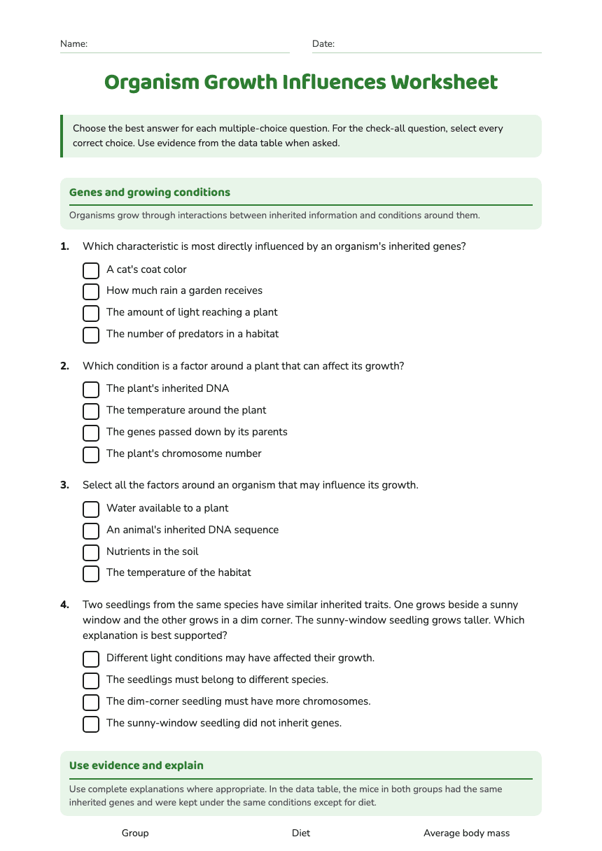 Organism Growth Influences Worksheet worksheet preview