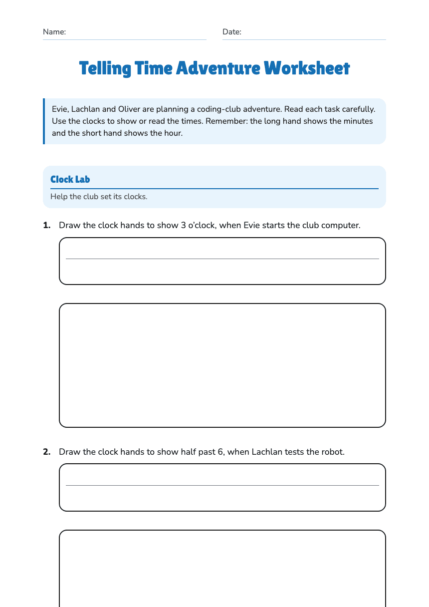 Telling Time Adventure Worksheet worksheet preview