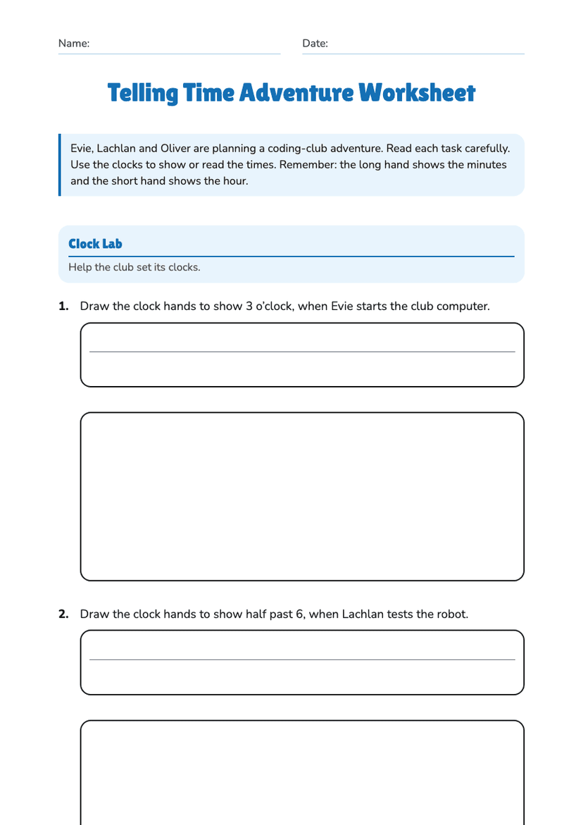 Telling Time Adventure Worksheet