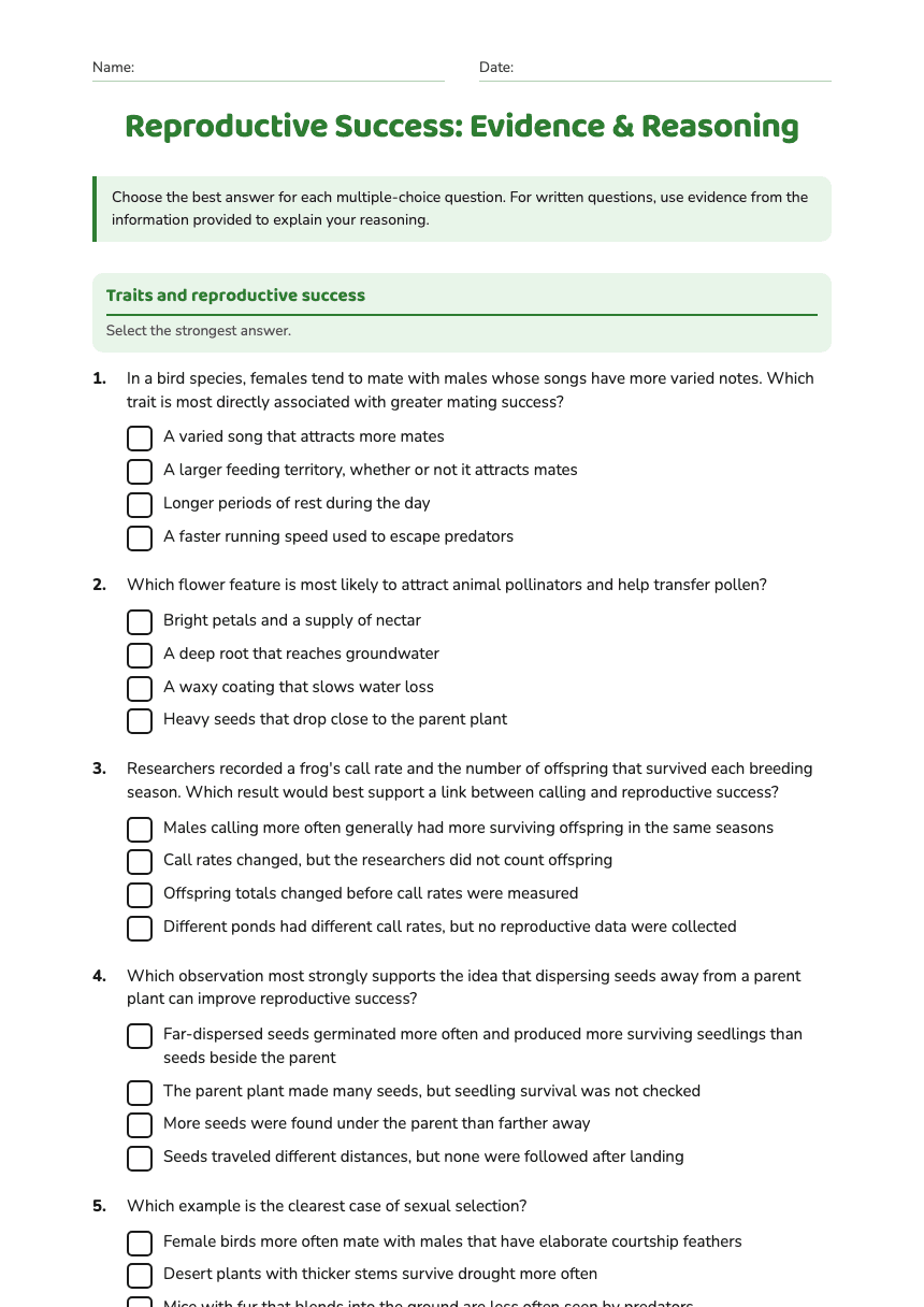 Reproductive Success: Evidence & Reasoning worksheet preview