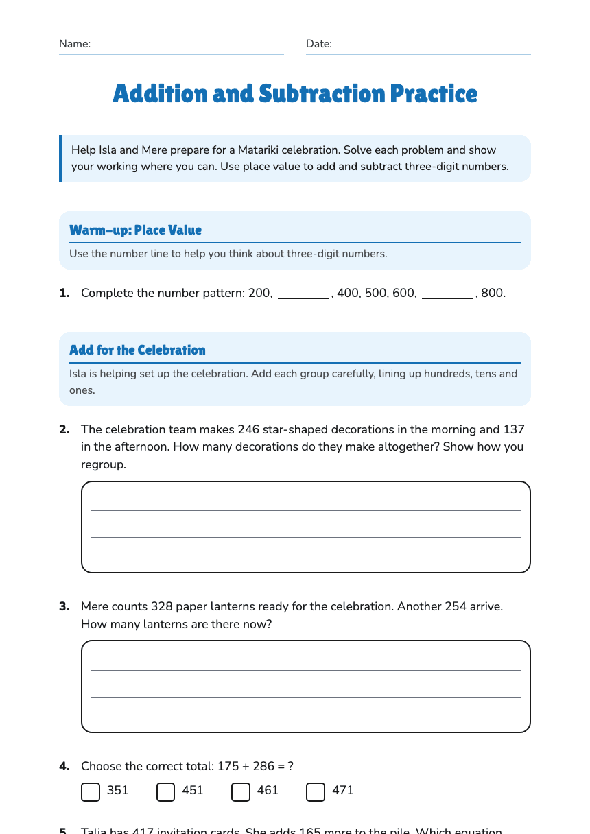 Addition and Subtraction Practice worksheet preview