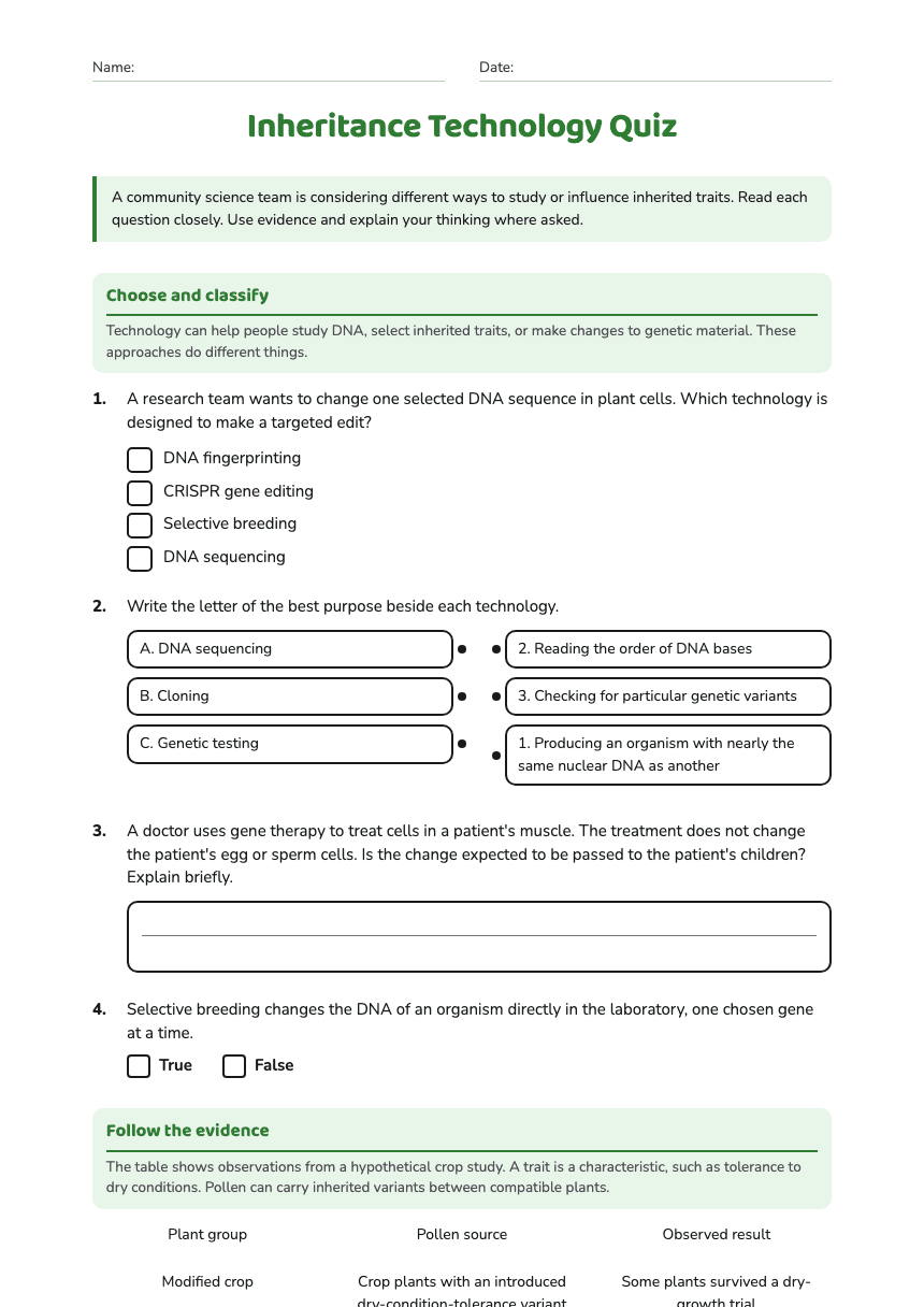 Inheritance Technology Quiz worksheet preview
