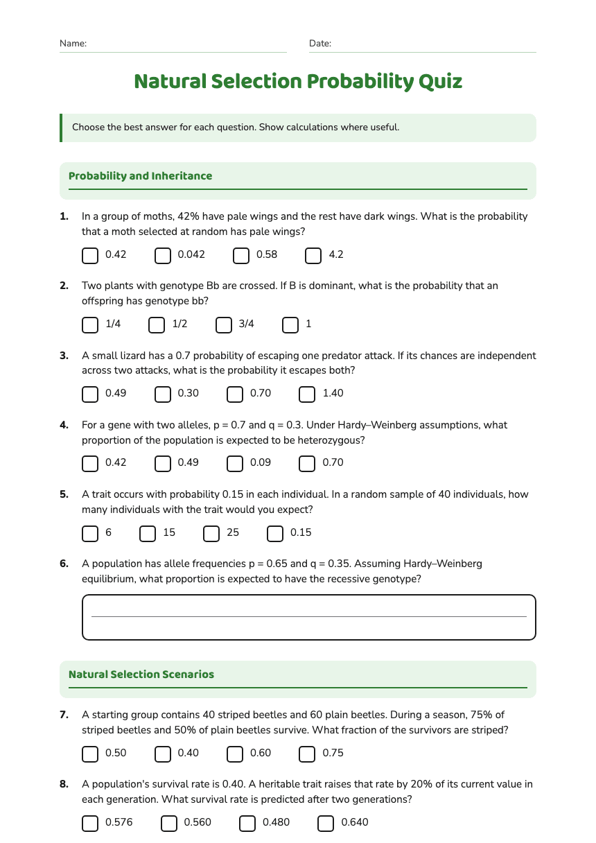 Natural Selection Probability Quiz worksheet preview