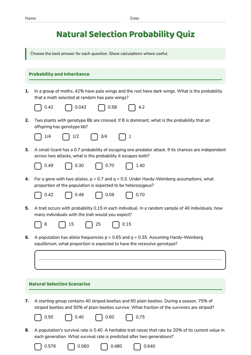 Natural Selection Probability Quiz